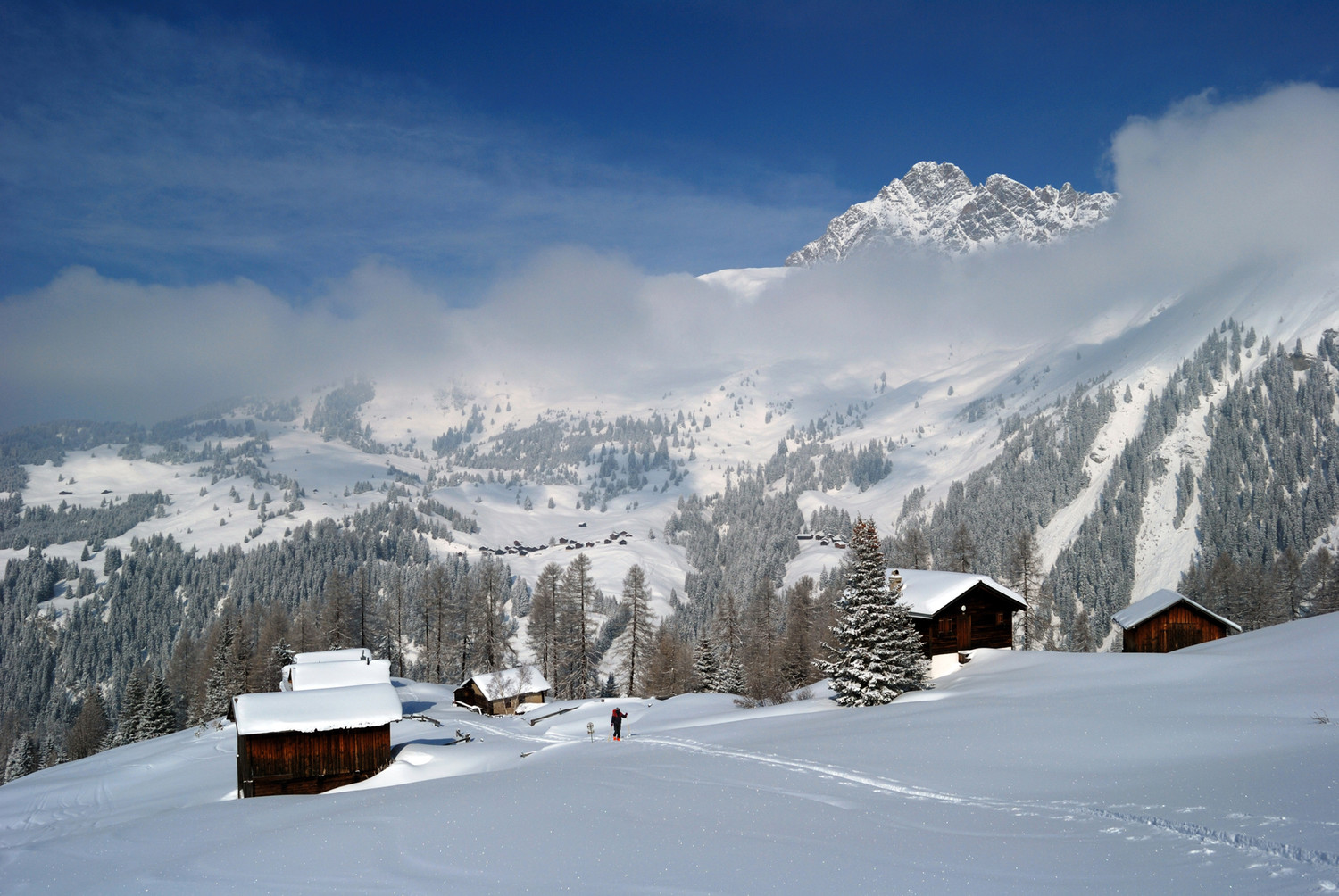 Le belle baite di Demat 1844m, sullo sfondo il Piz Mitgel 3159m