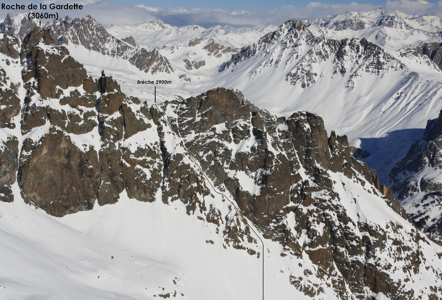 Roche de la Gardette - Couloir diagonal S de la Brèche 2900m