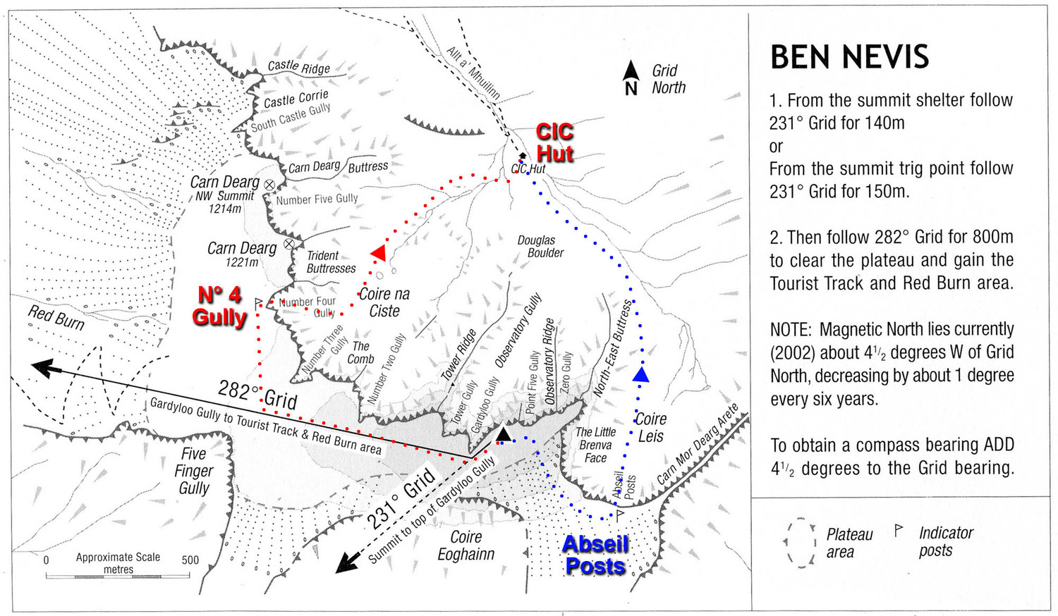 Carte du sommet du Ben Nevis, avec azimuts et trajets de descente (ref