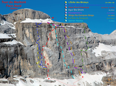 Tour du Marboré - Face - Nord - Tracés big Tour du Marboré - Face - Nord - Tracés big