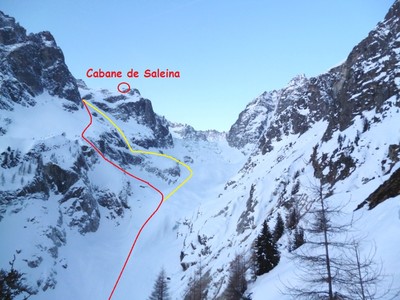 Accès au glacier de l'Evole depuis le glacier de Saleina par Plan Monnay (rouge) ou par la Gare (jaune) Accès au glacier de l'Evole depuis le glacier de Saleina par Plan Monnay (rouge) ou par la Gare (jaune)