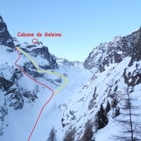 Accès au glacier de l'Evole depuis le glacier de Saleina par Plan Monnay (rouge) ou par la Gare (jaune)