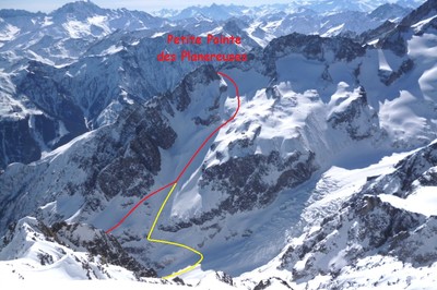 Petite Pointe des Planereuses par le Glacier de l'Evole avec variante inférieure par Plan Monnay (rouge) ou par la Gare (jaune) Petite Pointe des Planereuses par le Glacier de l'Evole avec variante inférieure par Plan Monnay (rouge) ou par la Gare (jaune)