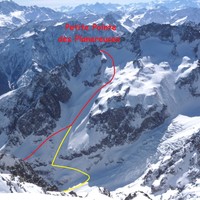 Petite Pointe des Planereuses par le Glacier de l'Evole avec variante inférieure par Plan Monnay (rouge) ou par la Gare (jaune)