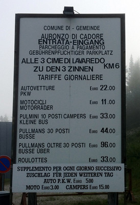 Tarifs 2012 de la route privée des Tre Cime Tarifs 2012 de la route privée des Tre Cime
