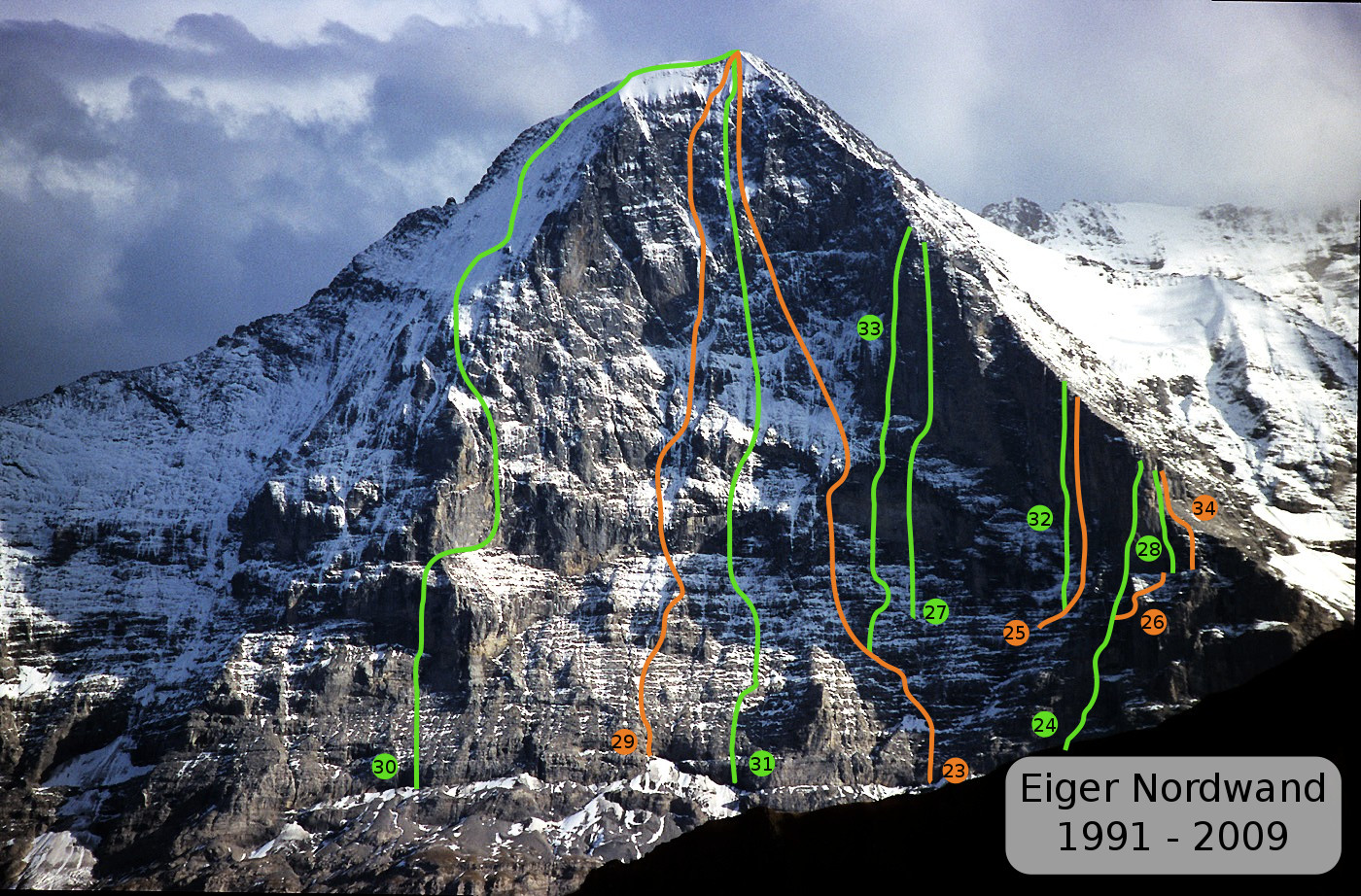 Routen in der Eiger-Nordwand von 1991 bis 2007
