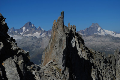 Un gendarme fra il Pizzo Gallina e il  Mittaghorn con  il Finsteraahorn 4274m e lo Schreckhorn 4078m a destra