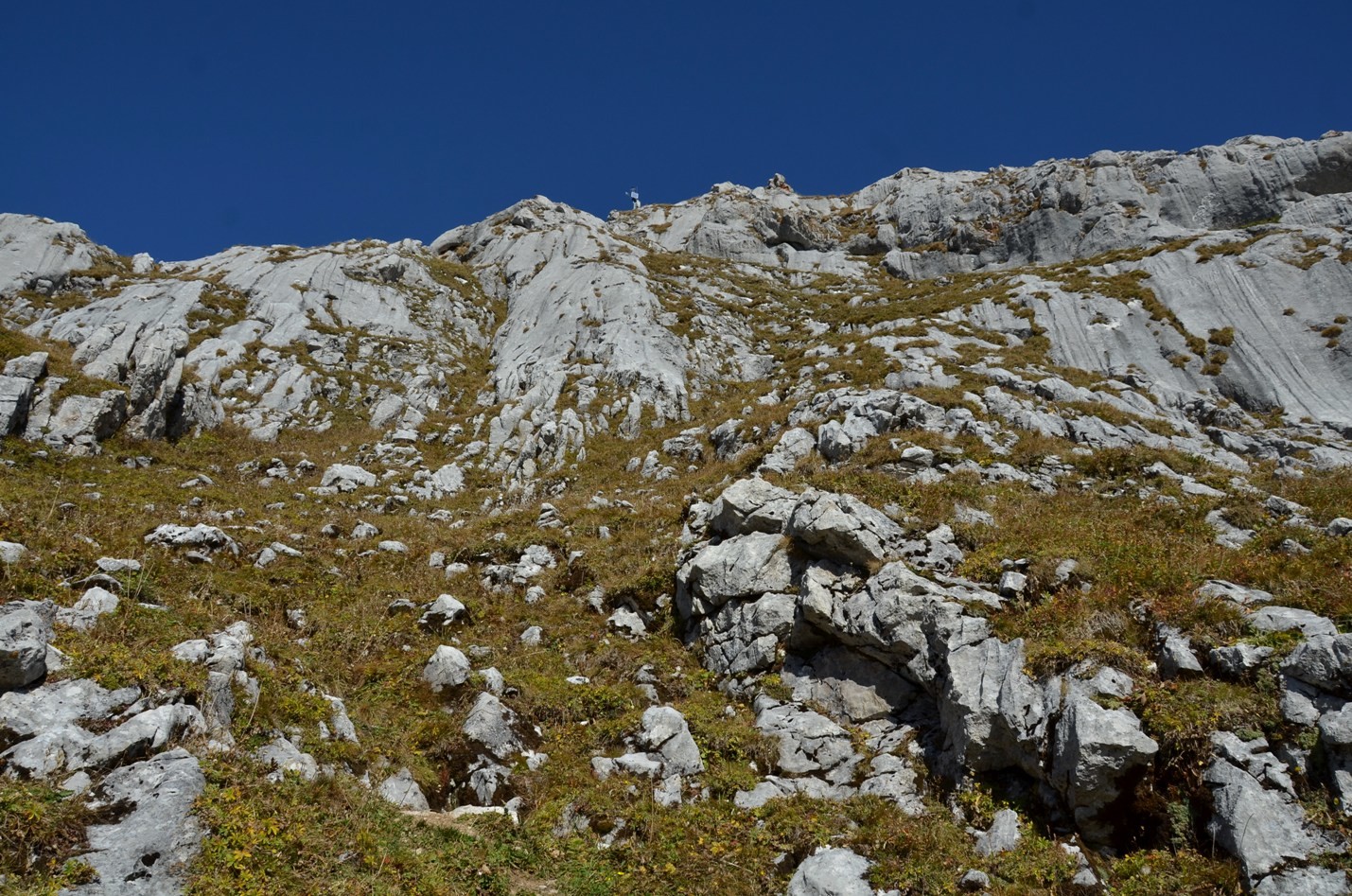 dans la face S de la Grande Jumelle regardant vers l'arête W