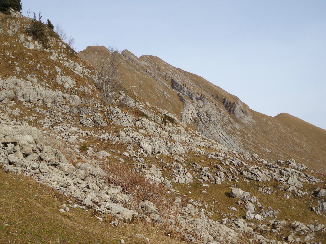 Peu avant Pra Fleury, arête sud sur la gauche, sommet et arête est sur la droite