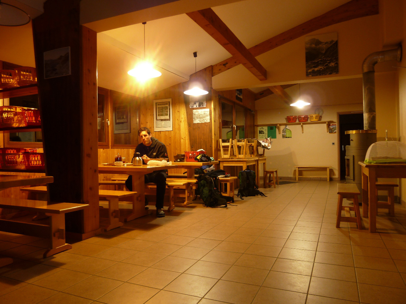 The only guests in the hut, breakfast at 4:00