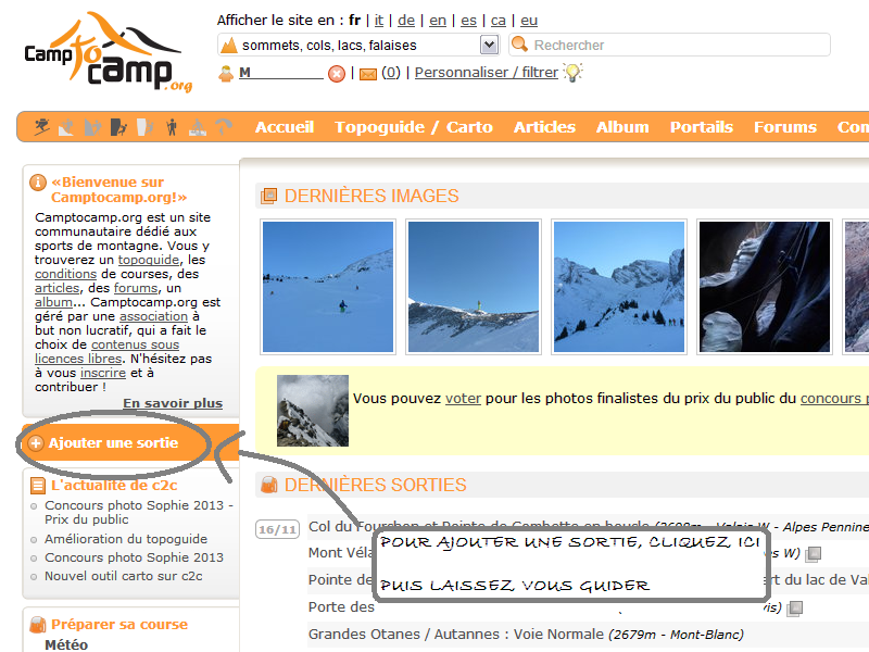 saisir une sortie à partir de la home page