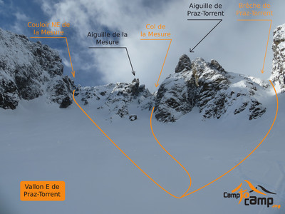Couloirs de la Mesure et brèche de Praz-Torrent depuis le vallon E de Praz-Torrent Couloirs de la Mesure et brèche de Praz-Torrent depuis le vallon E de Praz-Torrent