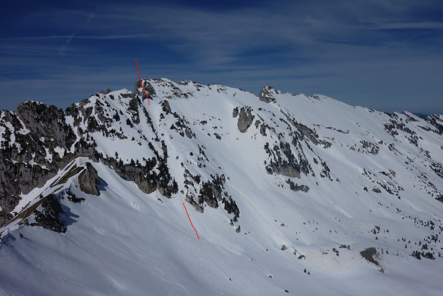 le pan E des Lances de Malissard, vu du dôme de Bellefont, et le couloir parcouru ce jour