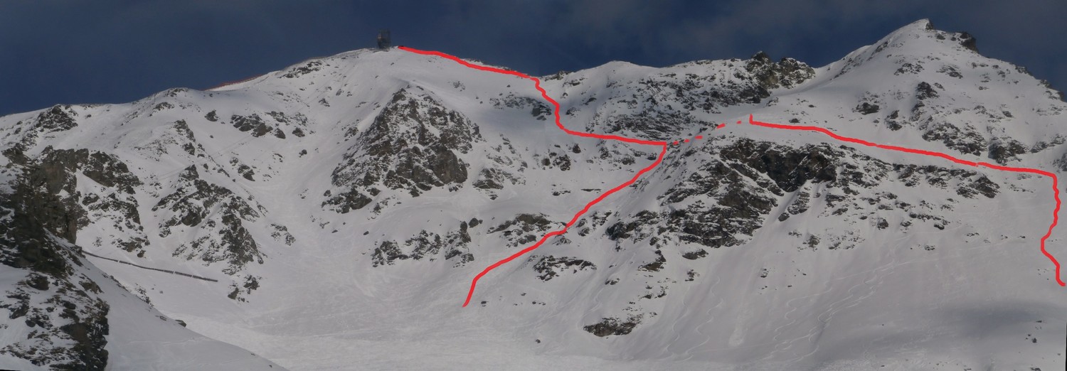 Mes 2 run du jour sur l'aiguille. En pointillé on ne remonte pas, effet d'optique