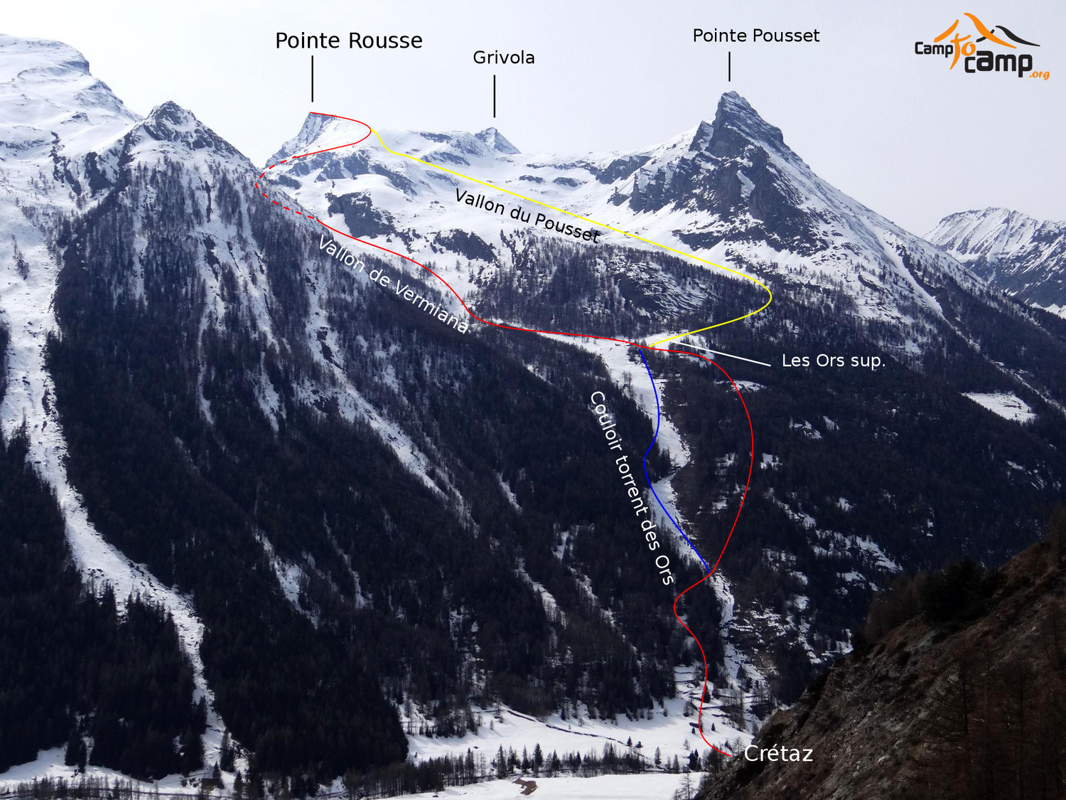 Itinéraire : en rouge par le vallon de Vermiana, en jaune par le vallon du Pousset, en bleu la descente par le couloir des Ors