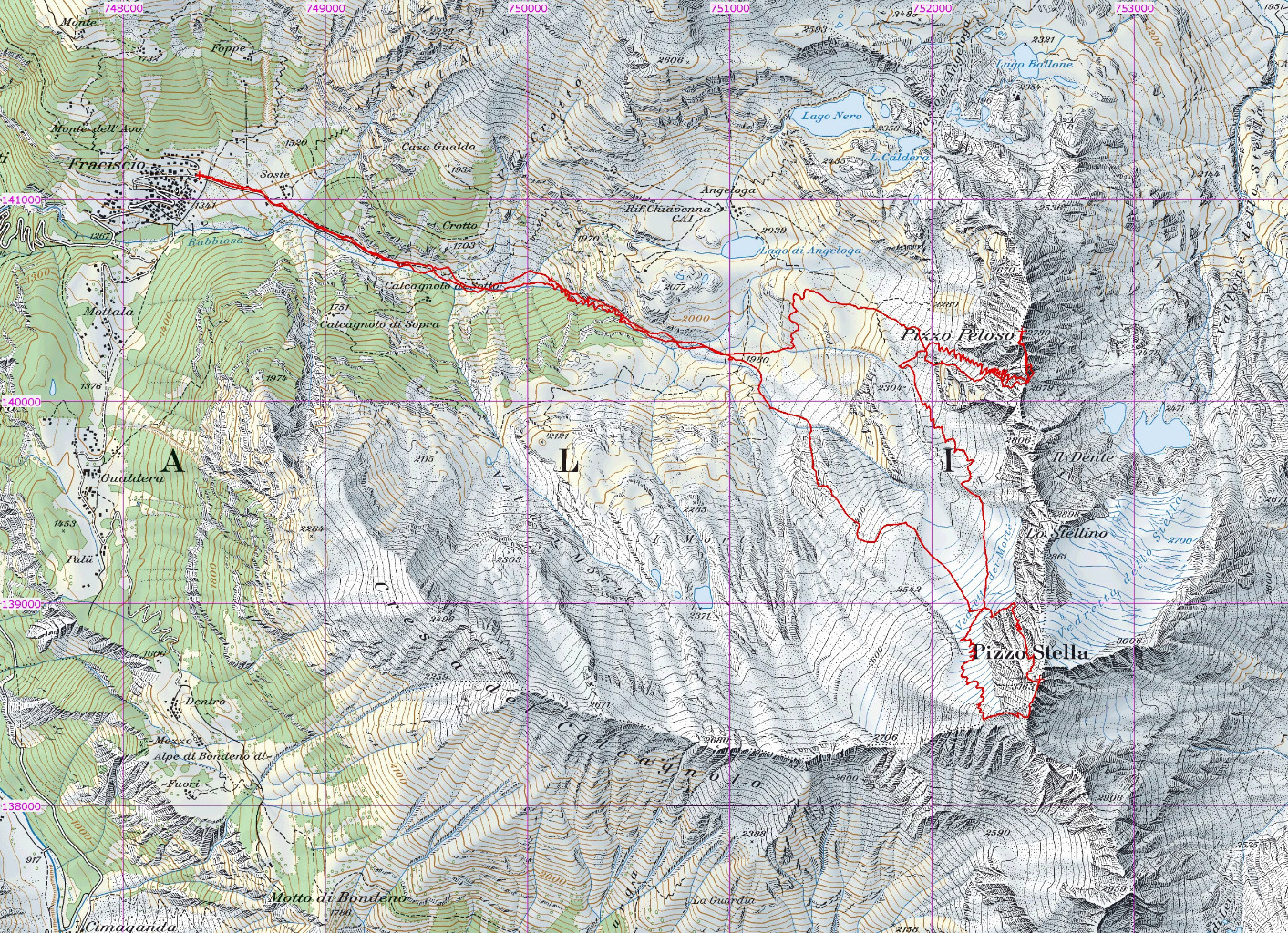 Tracciato GPS del Pizzo Peloso 2780m e Pizzo Stella 3163m svil. di salita 9km ca, Val Rabbiosa su CNS 1:25000 gita del 31-03-2014