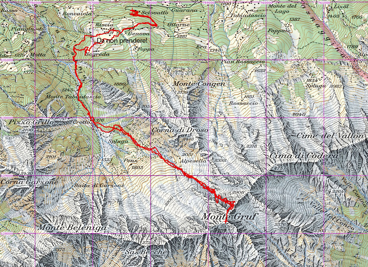 Tracciato GPS su CNS 1:50000 Monte Gruf 2936m svil. 10km gita del 13-04-2014