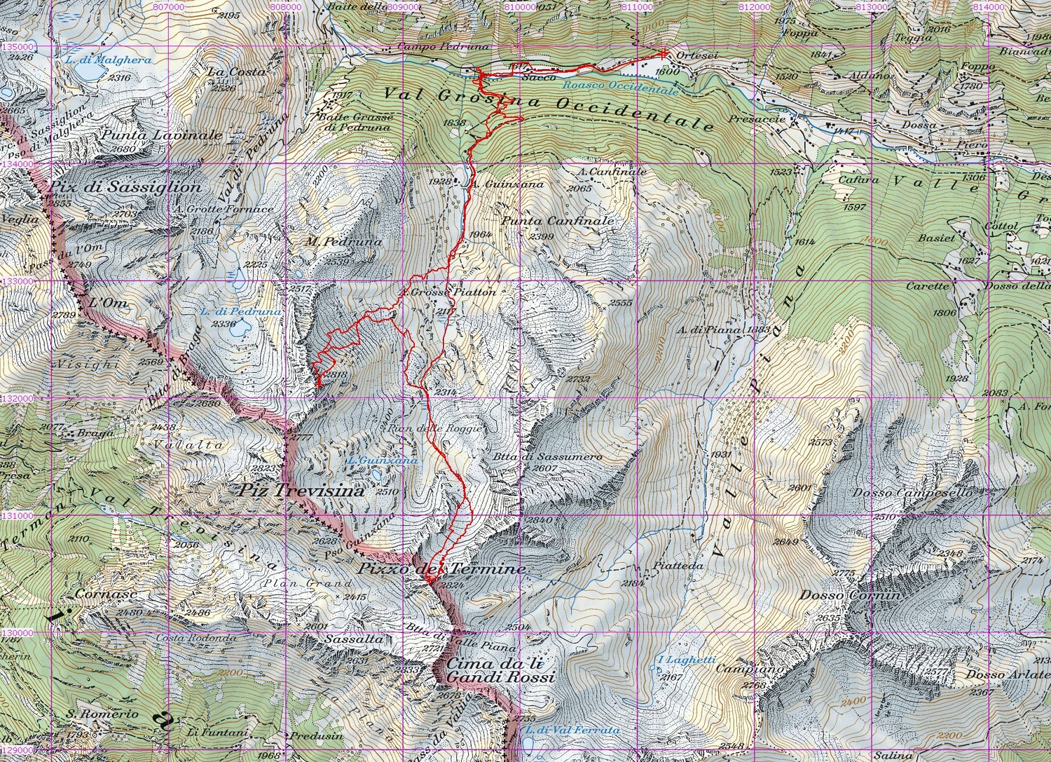 Tracciato GPS su CNS 1:50000 Il Sasso 2818m e Pizzo del Termine 2824m svil. 11km ca Val Grosina, gita del 23-04-2014
