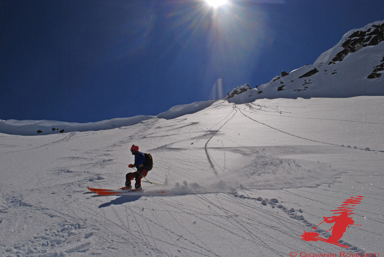Giacomo alle prese con le prime curve sul versante NW del Monte Sobretta 3296m