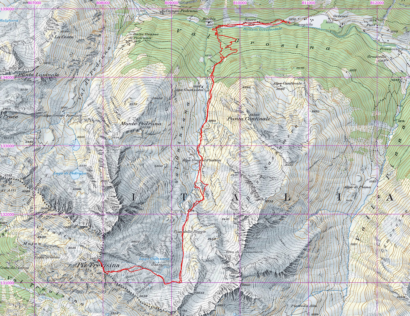 Piz Trevisina 2823m Val Guinzana Val Grosina svil. 7,2km su CNS 1:25000 gita del 29-04-2014