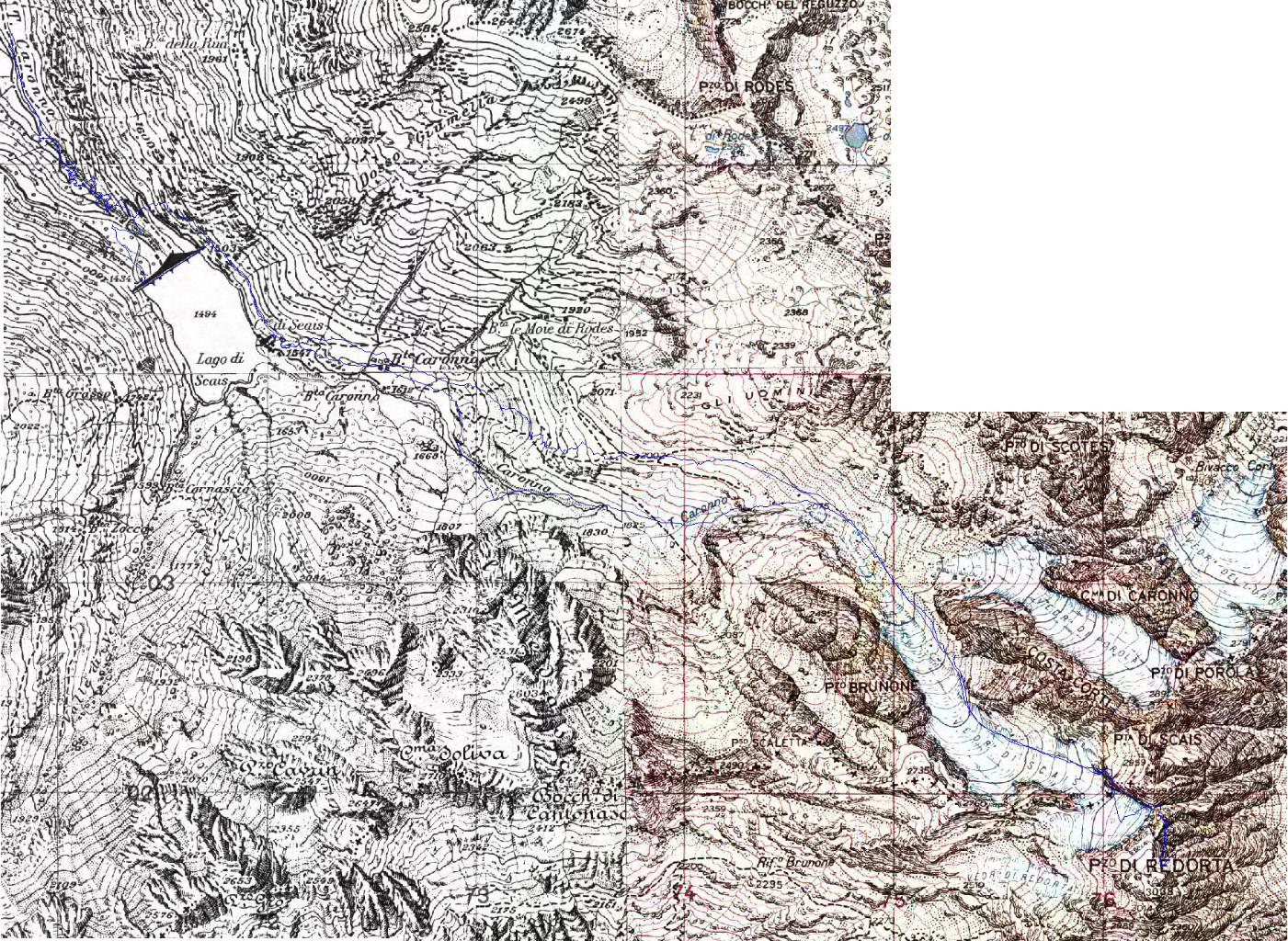 Pizzo Redorta 3038m, tracciato GPS su IGM 1:25000, gita del 03-05-2014, svil. 9,6km.