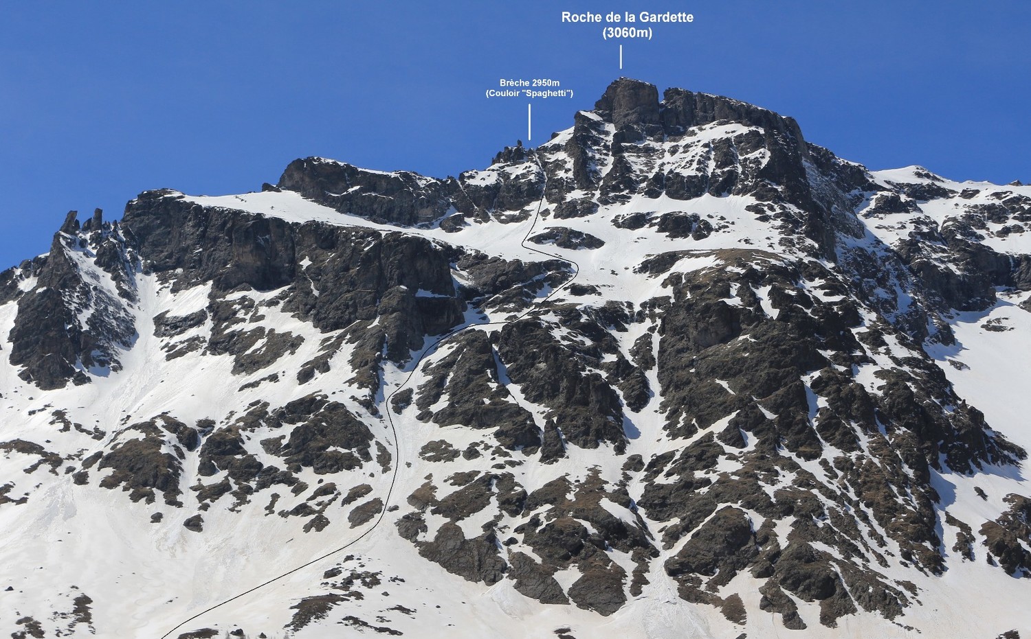 La face NE de la Roche de la Gardette, et l'itinéraire d'accès à la Brèche 2950m