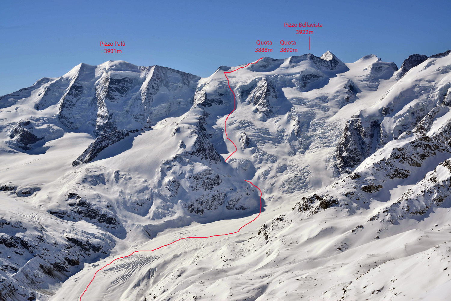 Itinerario al Pizzo Bellavista 3922m dal Ghiacciaio del Morteratsch attraverso la Foura