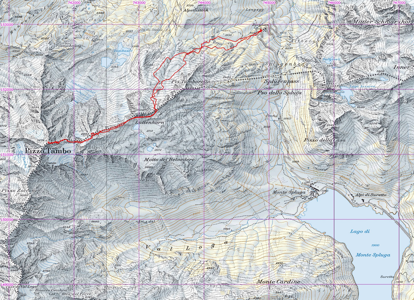 Pizzo Tambò 3279m tracciato GPS su CNS 1:25000 dalla dogana Svizzera sviluppo 5 km, gita del 25-05-2014