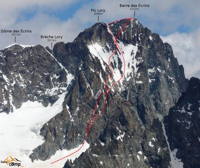 Barre des Ecrins - face S (itinéraire normal en bleu vif)