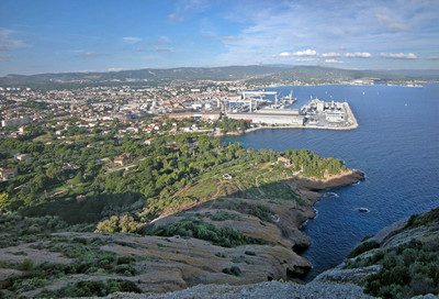 view NE from (highest) east peak to La Ciotat city + bay view NE from (highest) east peak to La Ciotat city + bay