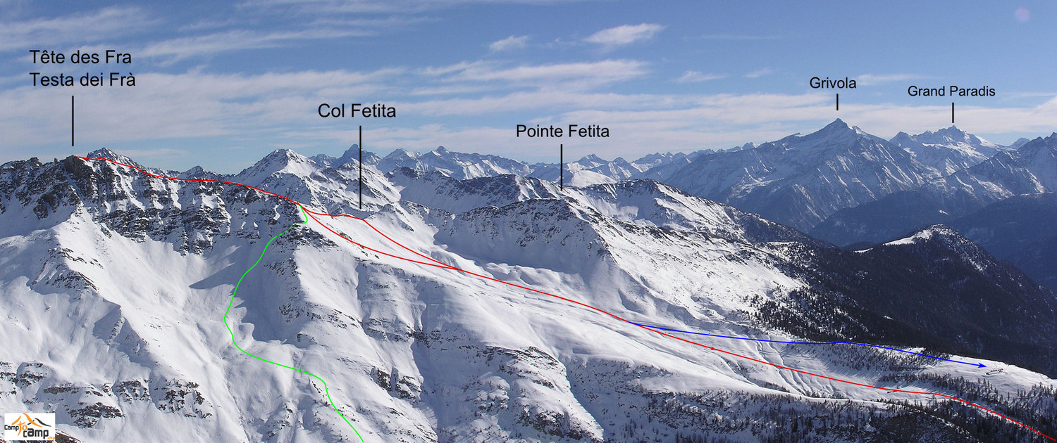Itinéraire Tête des Fra depuis Morges (Vallée d'Aoste) - Tracés bleu et vert variantes descente