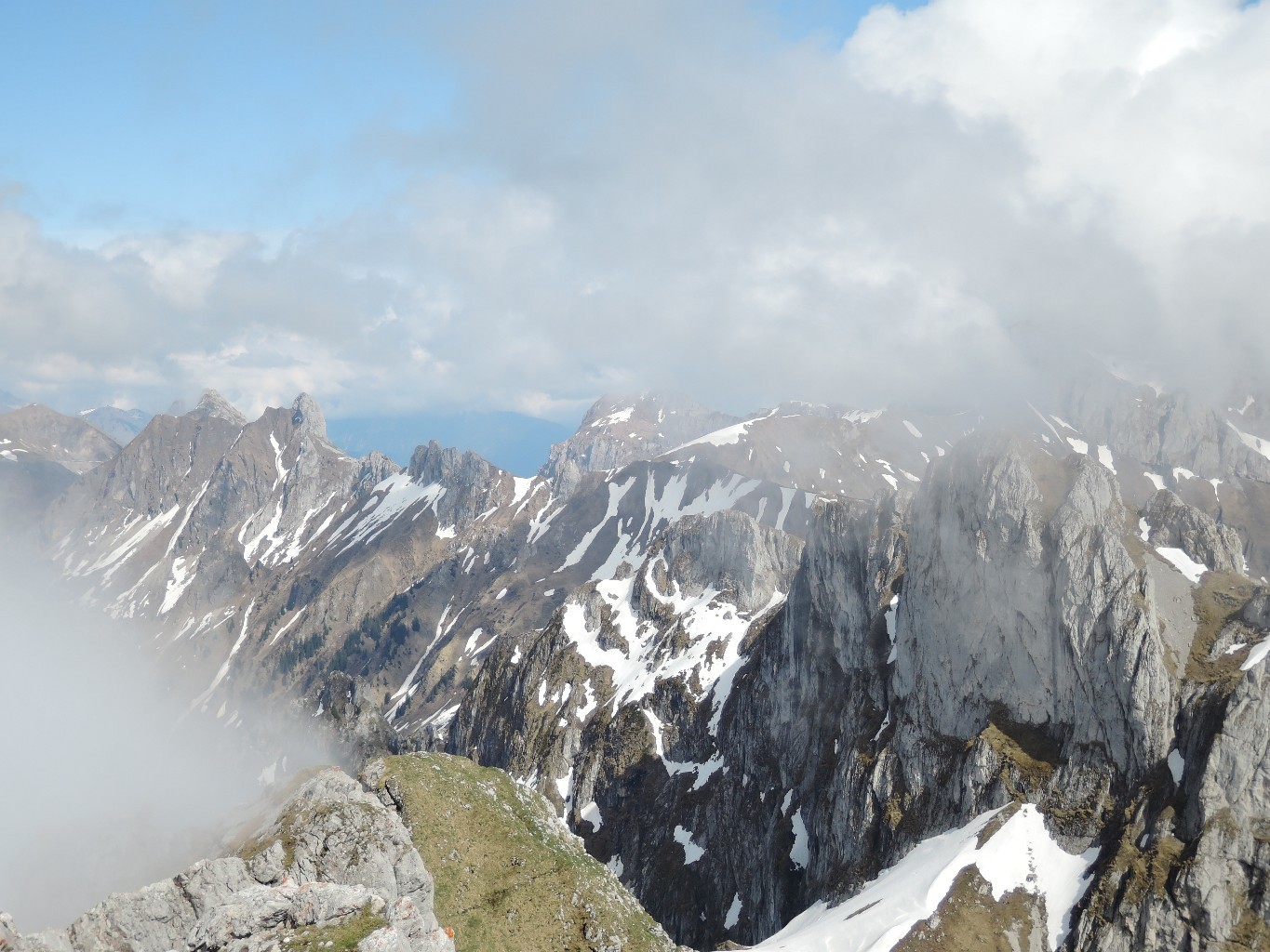view from the summit: Roc du Chateau d'Oche, Mont Gardy, Les Jumelles, Le Grammont (right to left)