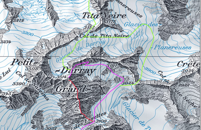 rouge = arête SSE, vert= glacier Darray, rose= flanc Est