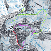 rouge = arête SSE, vert= glacier Darray, rose= flanc Est
