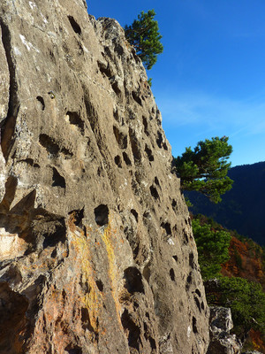 Les tafoni du sommet des voies du secteur du haut Les tafoni du sommet des voies du secteur du haut