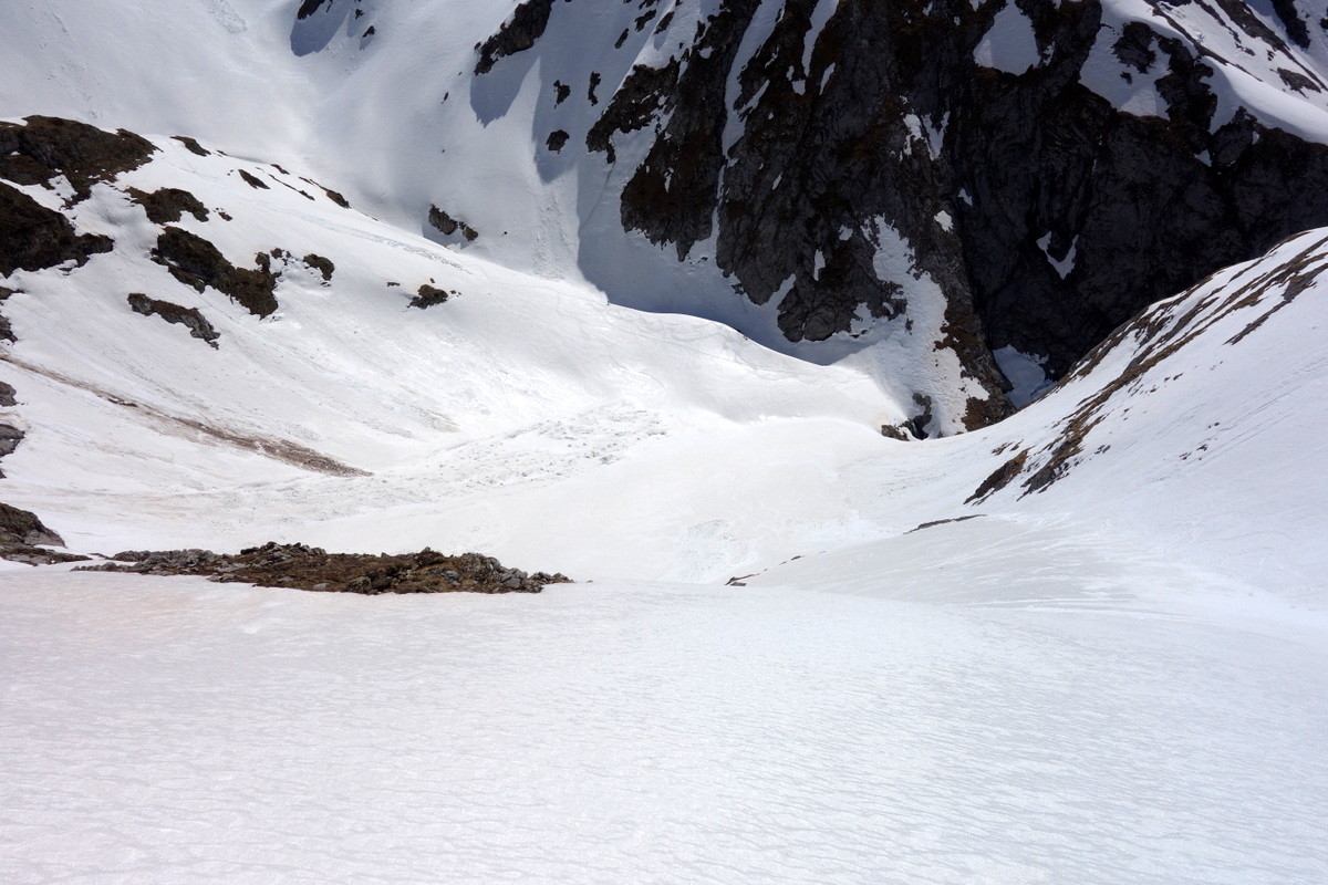 Fin de la descente au dessus du ressaut raide final, l'arrivée dans le Barranco