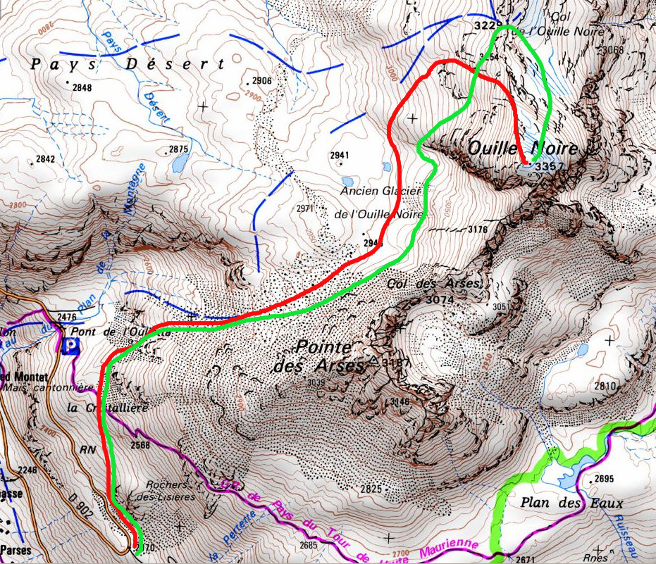 rouge : montée, vert : descente.