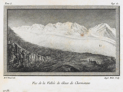 Glacier de Chermotane (Otemma), Aouille Tseuque, Bec d'Epicoune, Mont Gelé, en 1781 par M.T. Bourrit Glacier de Chermotane (Otemma), Aouille Tseuque, Bec d'Epicoune, Mont Gelé, en 1781 par M.T. Bourrit