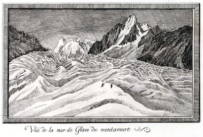 Mer de Glace, Grandes jorasses, Aiguille du Grand Charmoz, en 1773 par M.T. Bourrit Mer de Glace, Grandes jorasses, Aiguille du Grand Charmoz, en 1773 par M.T. Bourrit