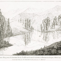 Aig. du Midi, Mont Blanc du tacul, Mont Maudit, Dôme et Aig. du Goûter, Aig. de Bionnassay vus de la Chède par M. T. Bourrit