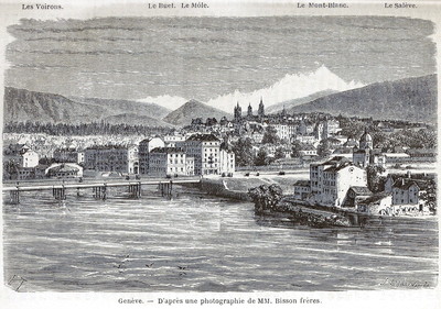 Le Rhône à la sortie du Léman, Genève et le Mont Blanc, en 1865 (GRV)