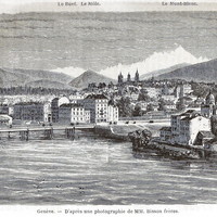 Le Rhône à la sortie du Léman, Genève et le Mont Blanc, en 1865 (GRV)