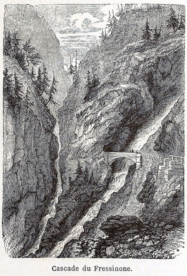 Gorges de Gondo : cascade du Fressinone , en 1865 (GRV)
