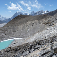 Le BC du Pumori est à gauche au dessus du lac, on distingue le chemin vers un point de vue.