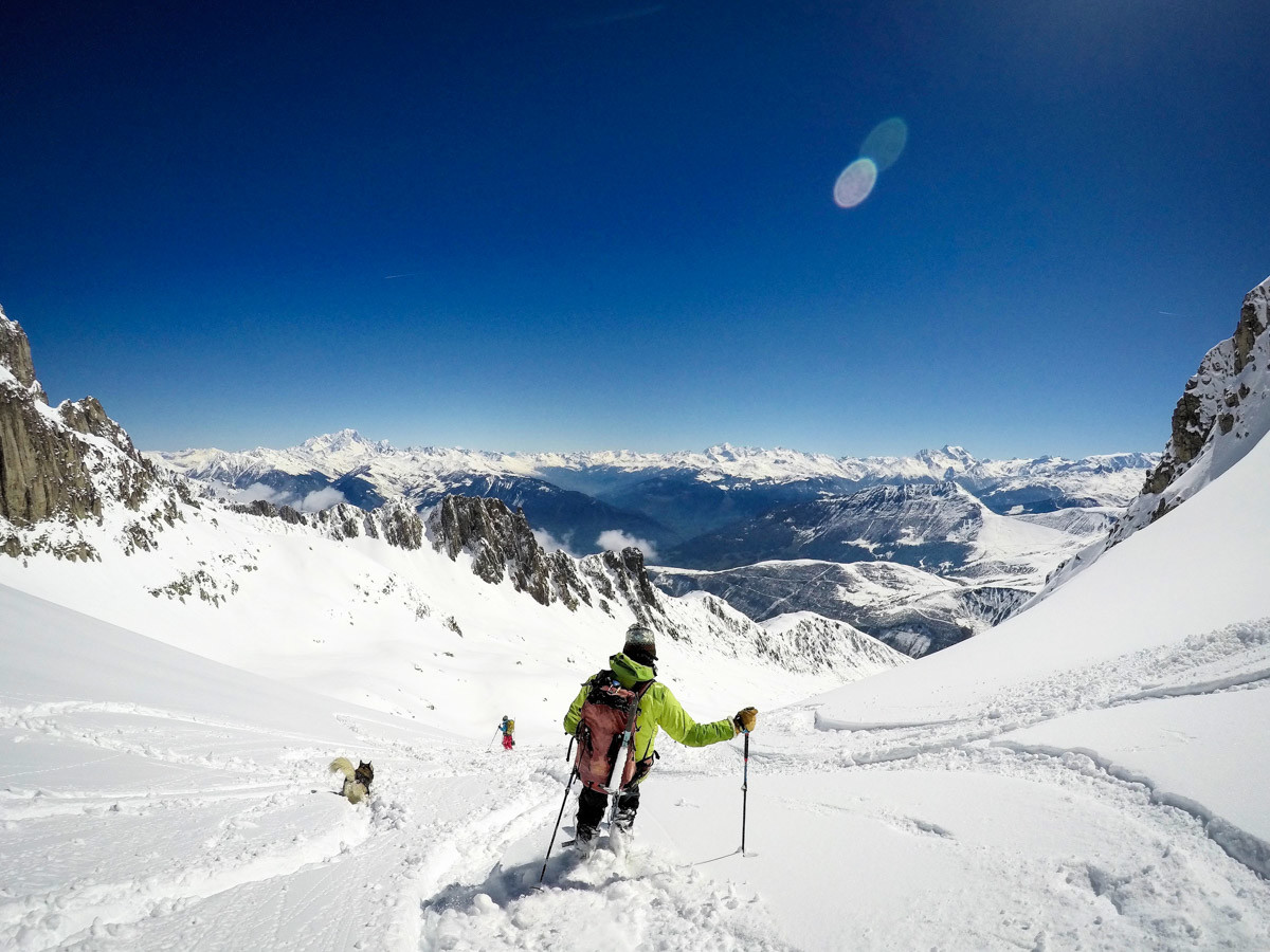 Suite de la descente, magnifique vue sur le Mont Blanc, Le Mont Pourri, la Grande Casse.