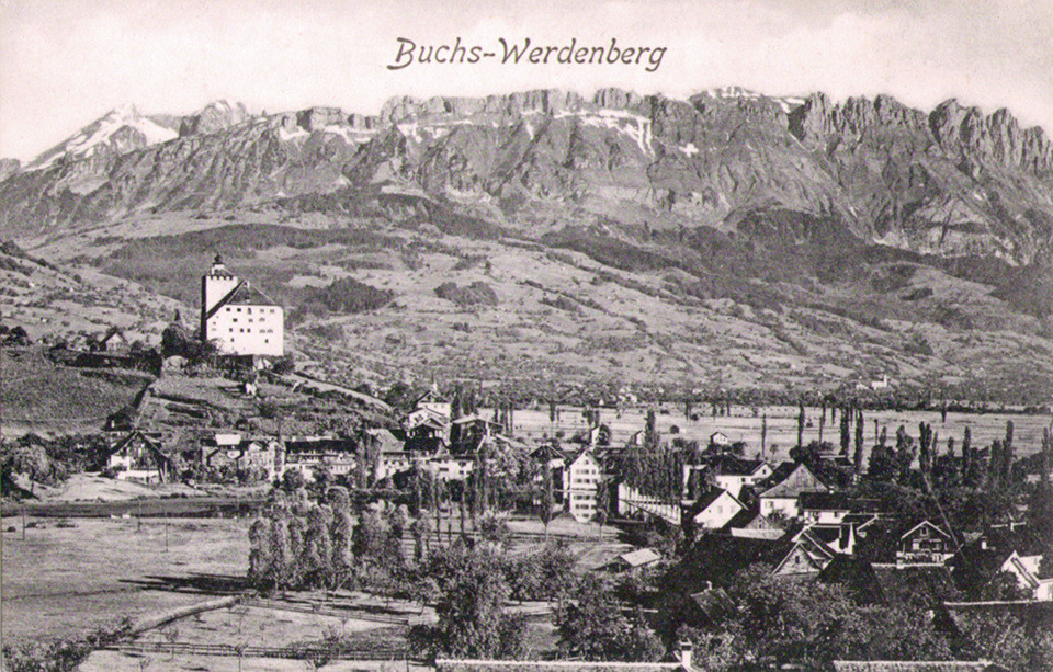 Buchs-Werdenberg, Kreuzbergen im Hintergrund, um 1910