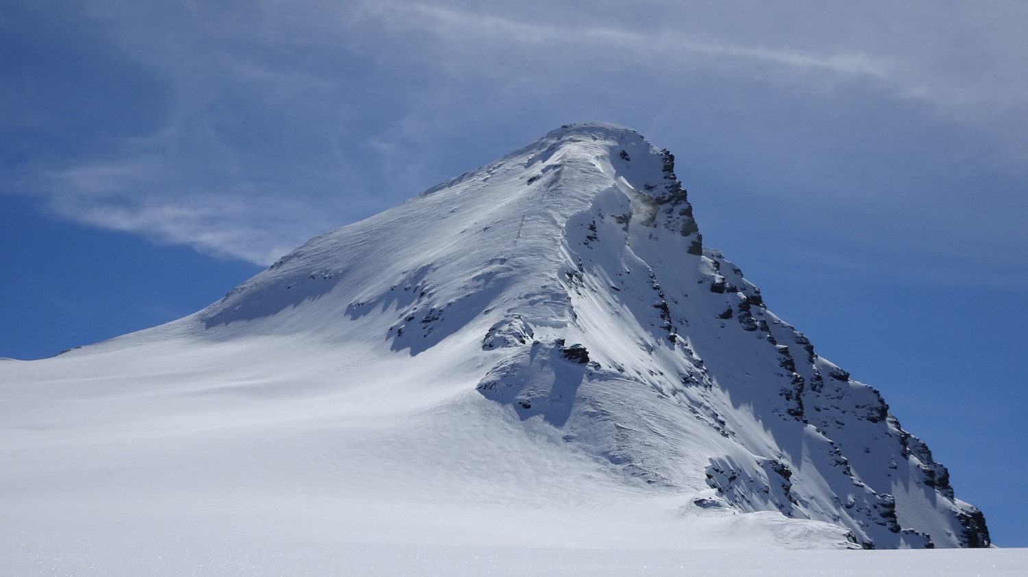Le sommet. Soufflée sur l'arête et en haut, poudre dense dans la face.