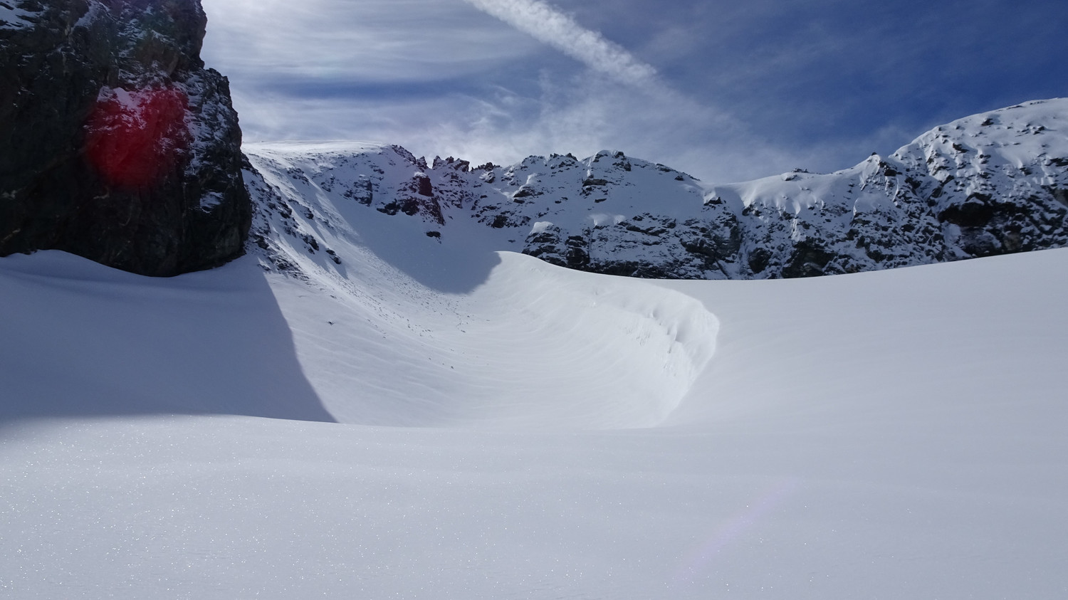 A gauche, le passage raide pour rejoindre le glacier du gros Caval