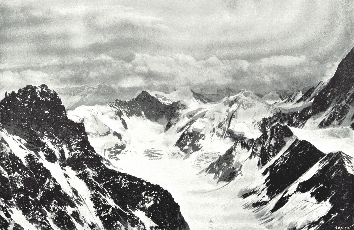 Glacier Finsteraar, Oberaarhorn NW vus du Schreckhorn par Theodor Wundt en 1898