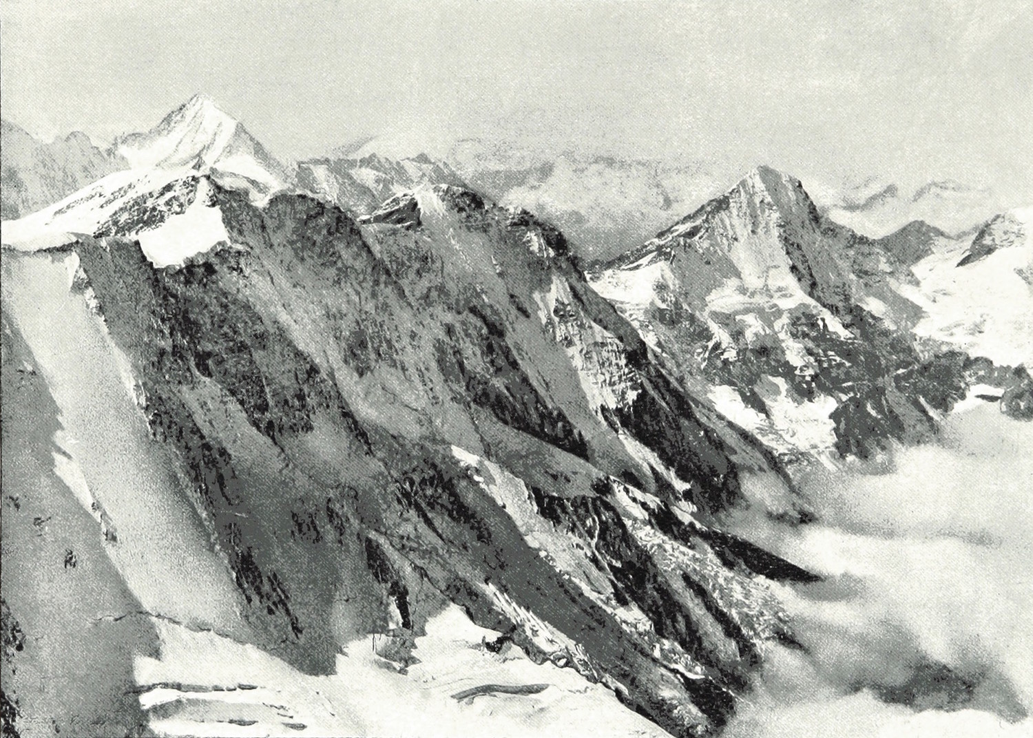 Bietschhorn, Mittaghorn, Grosshorn, Lauterbrunnen Breithorn taken from Jungfrau Wundt 1898